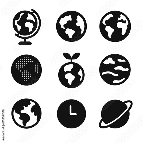 Minimalist earth and planet icons set featuring globe and sapling designs