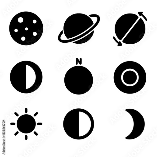 Space icons set: planets, moon, sun, and astronomical symbols in black silhouette