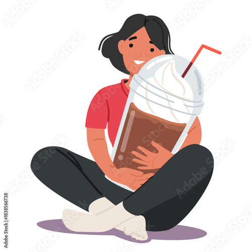 Young woman cartoon character hugging with pleasure huge takeaway cup of coffee isolated on white