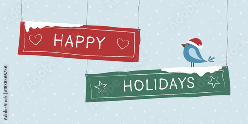 Happy Holidays - Schriftzug in englischer Sprache - Schöne Feiertage. Grußkarte mit hängenden beschrifteten Schildern und einem Vogel mit Weihnachtsmütze vor einem Schneehimmel.