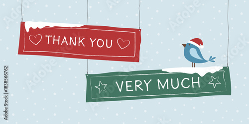 Thank you very much - Schriftzug in englischer Sprache - Vielen Dank. Grußkarte mit hängenden beschrifteten Schildern und einem Vogel mit Weihnachtsmütze vor einem Schneehimmel.