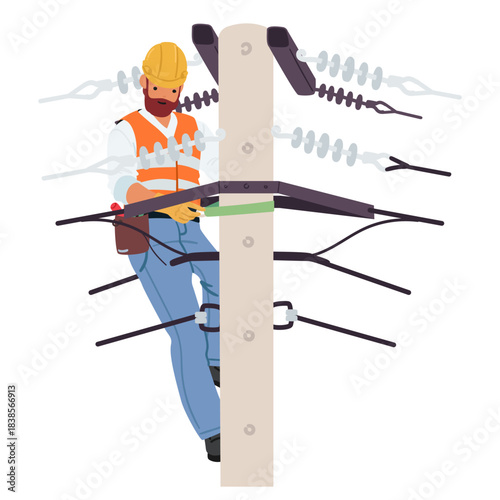 Industrial climber performing high-access work at power transmission lines isolated on white