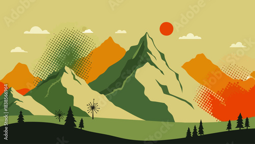 Stylized mountain range under a vibrant sun with abstract clouds and trees, evoking a sense of nature and adventure.