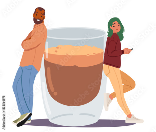 Diverse international couple cartoon character standing on opposite sides of huge cup of coffee