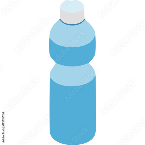 A Blue Plastic Water Bottle with a White Cap Filled with Clear Liquid Isolated on a Black Background with Isometric Perspective and Subtle Lighting
