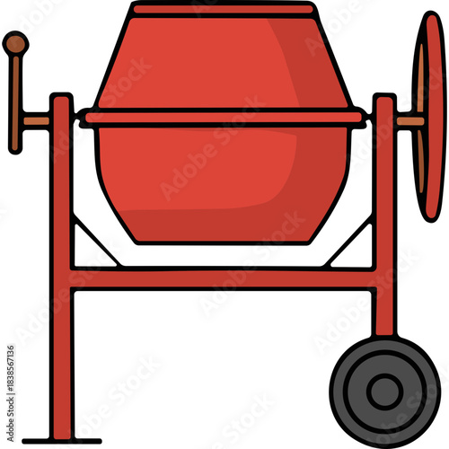 A Bright Red Cement Mixer With a Crank and Wheels on a Stand with a Black Background