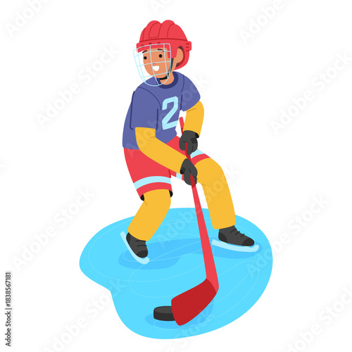 Schoolchild hockey player cartoon character playing match enjoying winter sports hobby recreation