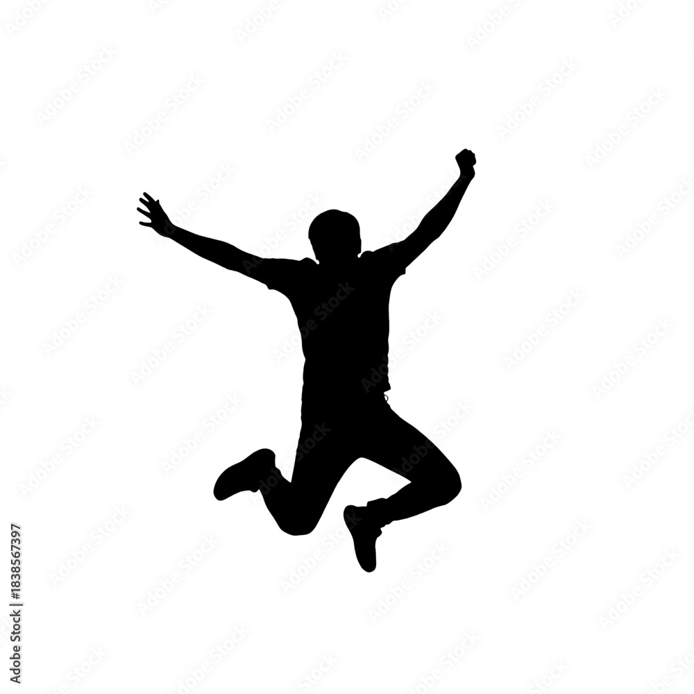 Fototapeta premium Dynamic black silhouette of a joyful person jumping high with arms outstretched in celebration, conveying success, freedom, and excitement, isolated on transparent background.
