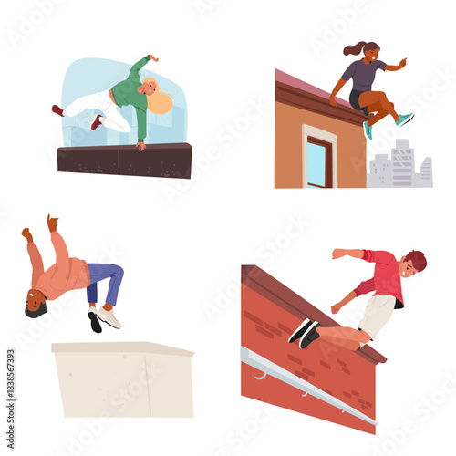 Teenage guys cartoon character performing outdoor parkour and free running extreme city sports