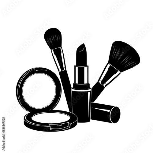 Black silhouette illustration of essential makeup and cosmetic products, including brushes, lipstick, and compact powder, isolated on transparent background.