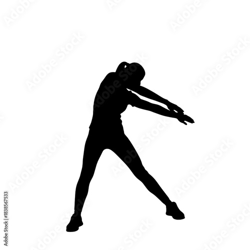 Dynamic silhouette of a woman performing a fitness stretch or warm-up exercise, showcasing flexibility and active lifestyle, isolated on transparent background.