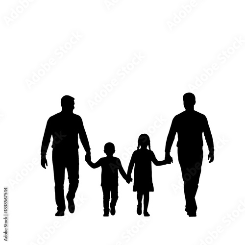 Two men and two children, a boy and a girl, walking together hand in hand, representing a diverse family unit or friendship, depicted as a black silhouette isolated on transparent background.