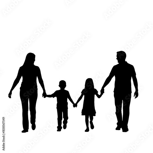 Black silhouette of a happy family, including mother, father, son, and daughter, holding hands and walking together, isolated on transparent background.