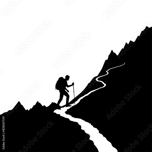 Silhouette of a hiker with a backpack and trekking pole ascending a winding mountain path, symbolizing adventure and challenge, isolated on transparent background.