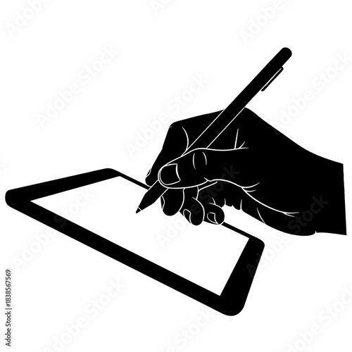A black silhouette of a hand holding a stylus writes on a digital tablet, embodying modern technology, creativity, and digital work.