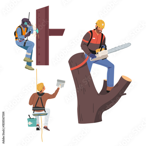 Industrial climbers painter, lumberjack and welder cartoon characters at work isolated set