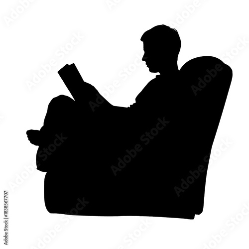 A black silhouette of a person comfortably seated in an armchair, engrossed in reading a book, representing relaxation and leisure, isolated on transparent background.
