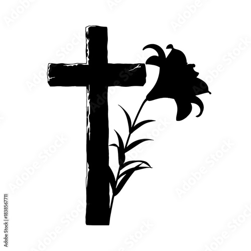 Black silhouette of a rugged wooden cross with an Easter lily, symbolizing faith, resurrection, and new life, isolated on transparent background.
