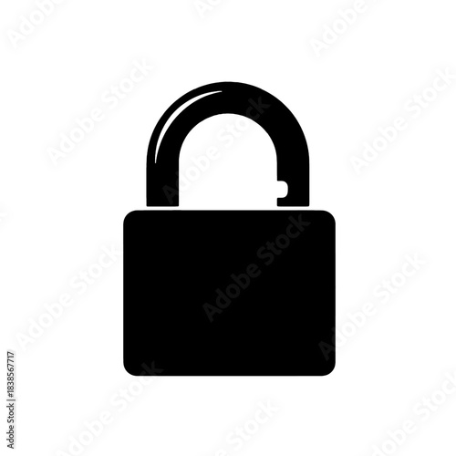 Black padlock icon, representing security, privacy, and protection, with an open shackle, ideal for web design and digital interfaces, isolated on transparent background.
