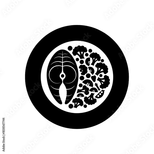 Healthy meal icon featuring a fish steak and assorted vegetables on a plate, presented as a minimalist black silhouette isolated on transparent background.