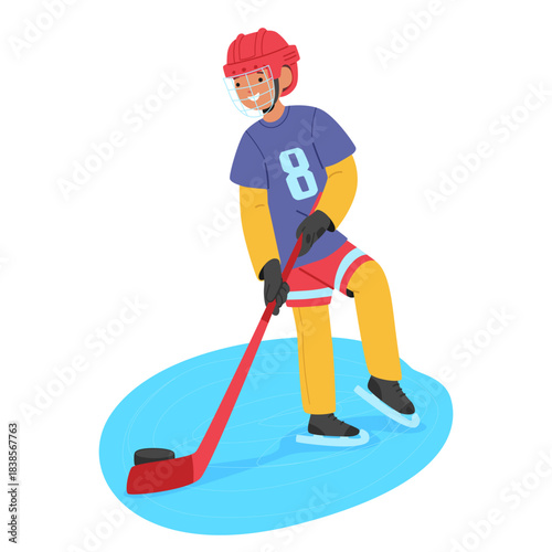 Talented boy hockey player wearing full gear on ice rink showcasing his skills vector illustration