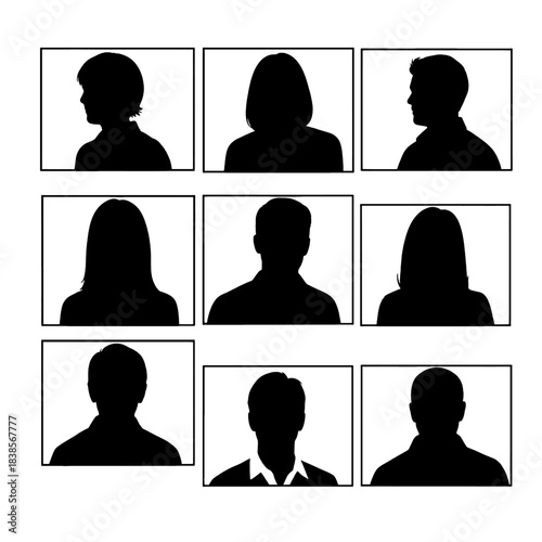 Collection of diverse black silhouette avatars, including male and female profiles and frontal views, perfect for user icons, isolated on transparent background.