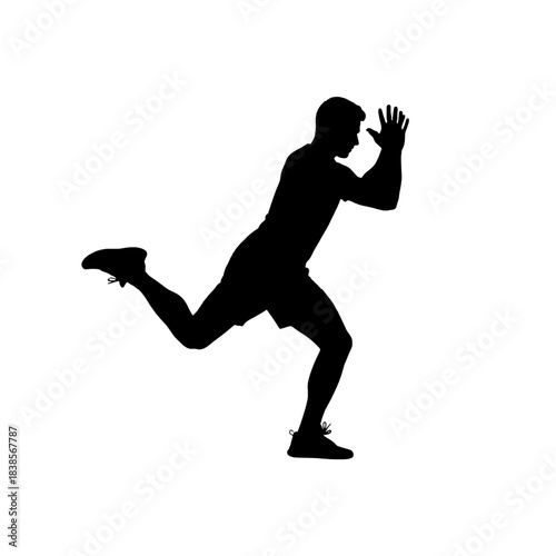 Dynamic silhouette of a male athlete in a powerful pushing or bracing stance, showcasing strength, effort, and athletic movement, isolated on transparent background.