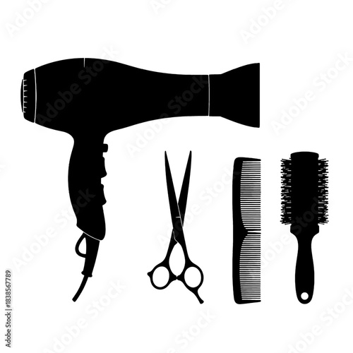 Essential hair salon tools, including a hairdryer, scissors, comb, and round brush, presented as sleek black silhouettes isolated on transparent background for professional design.