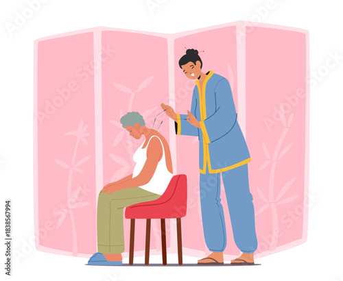 Woman master applying acupuncture to elderly female client for non-invasive healing cartoon scene