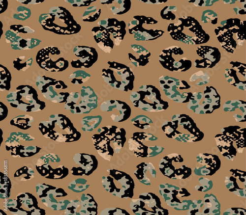 Full seamless leopard cheetah texture animal skin pattern. Green orange textile fabric print. Suitable for fashion use. Vector illustration.