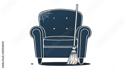 Simple Cartoon Illustration of a Tufted Armchair with a Broom Leaning Against It Isolated on a Black Background