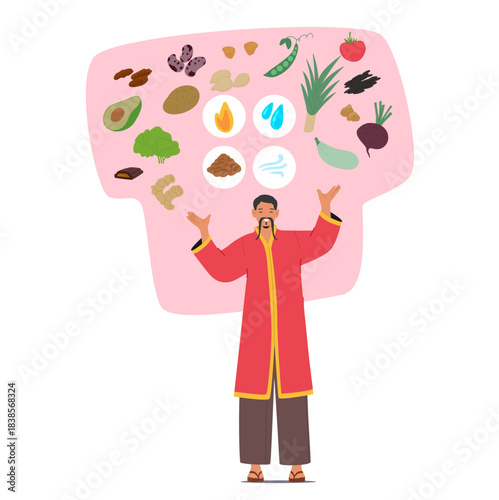 Asian doctor presenting nutritional therapy infused with Eastern alternative medicine cartoon scene