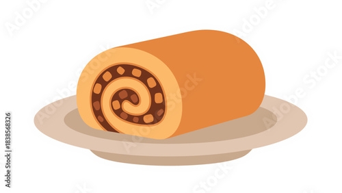 Simple Flat Illustration of a Swiss Roll Cake with Chocolate Filling on a Beige Plate Isolated on a Black Background