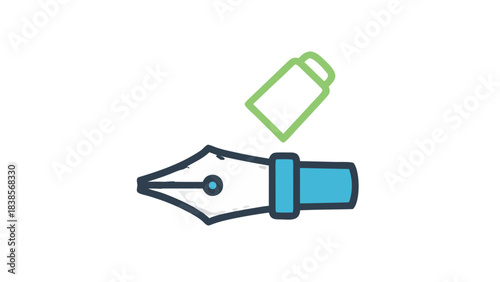 Simple Illustration of a Fountain Pen Nib with a Green Ink Cartridge Floating Above on a Black Background