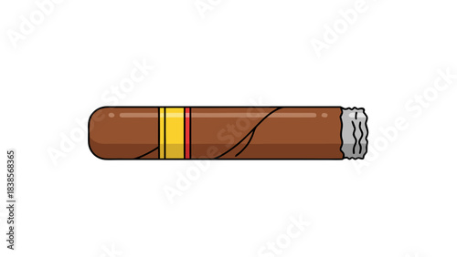 Single Brown Cigar With Yellow Red Band and Silver Tip Isolated on Black Background Vector Illustration