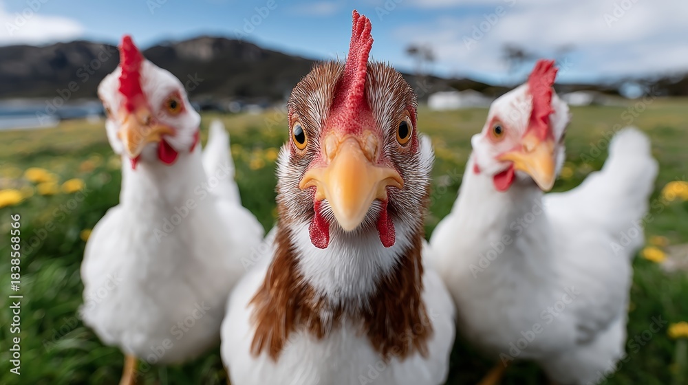 Fototapeta premium Three chickens are standing in a field, one of which is looking at the camera. The other two chickens are looking away