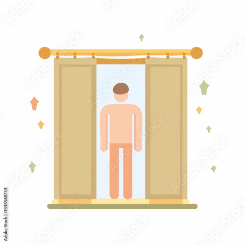 Stylized figure standing in a shower with open curtains and sparkling accents