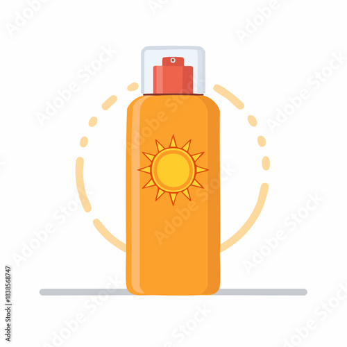 Orange sunscreen spray bottle with a sun icon and protective spray animation elements