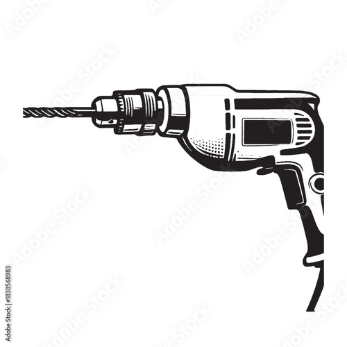 Professional black and white vector illustration of a powerful cordless power drill, essential hand tool for construction, DIY projects, and home renovation.