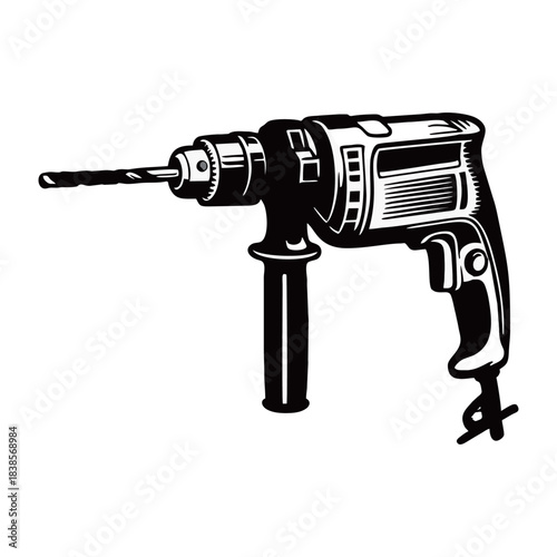 Professional black and white vector illustration of a powerful cordless power drill, essential hand tool for construction, DIY projects, and home renovation.