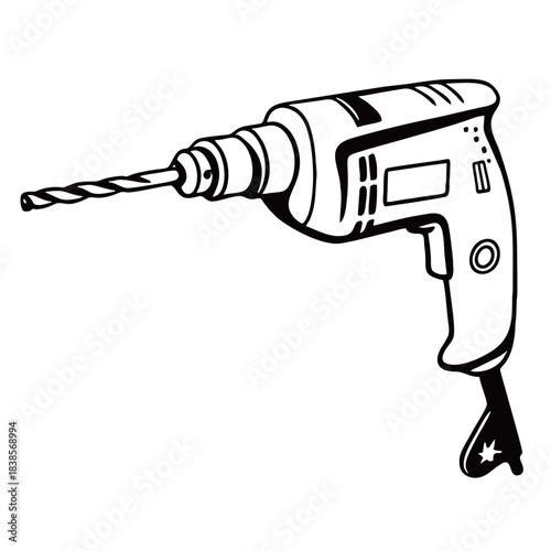 Professional black and white vector illustration of a powerful cordless power drill, essential hand tool for construction, DIY projects, and home renovation.