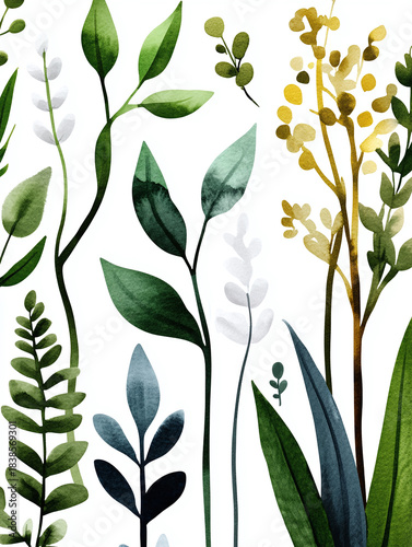 Greenery watercolour leaves branches flowers tropic decor template bush olive laurel citrus clip art illustration texture o background set elements