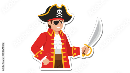 Smiling Cartoon Pirate Captain Wearing Red Coat and Tricorne Hat Holding Curved Sword Ready for Adventure