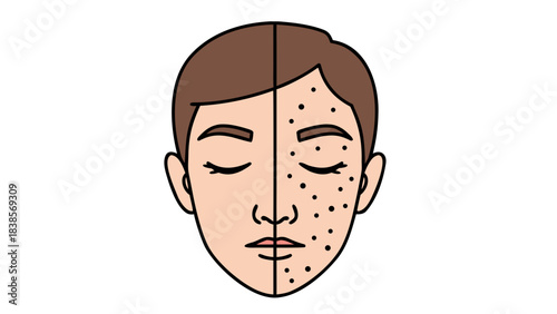 Split Face Illustration Showing Clear Skin Versus Acne Breakout With Black Dots Against Black Background