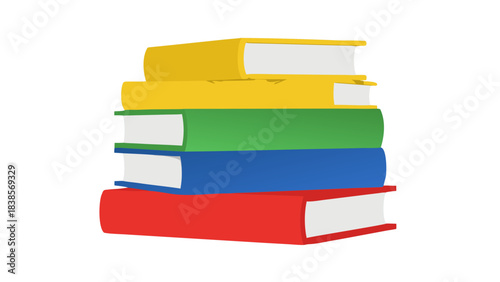 Stack of Five Hardcover Books Yellow Green Blue and Red Covers Against a Solid Black Background with White Pages Visible Illustrating Education Knowledge Learning and Reading Literature