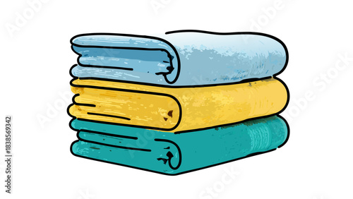 Stack Of Three Neatly Folded Towels In Blue Yellow And Teal Colors Isolated On Black Background Clean And Fresh Fabric For Bathroom Or Spa Use Organized Home Essentials