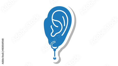 Stylized Blue Ear Graphic With Medical Stethoscope Symbol Descending From Lobe Against A Black Background