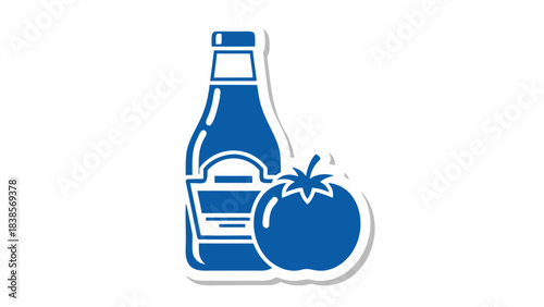 Stylized Blue Icon of a Ketchup Bottle and Tomato on a Black Background