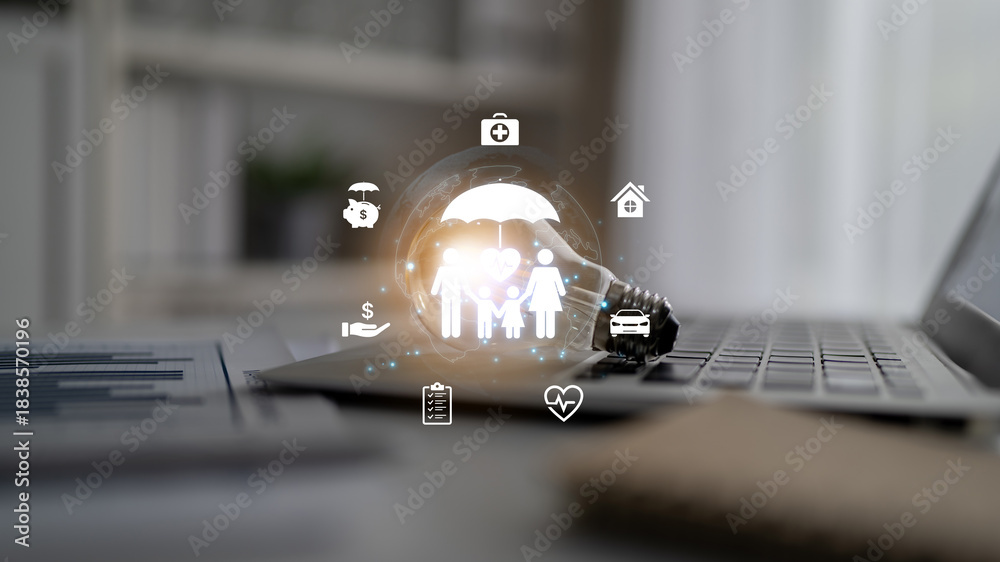 Fototapeta premium Concept of comprehensive insurance coverage and financial planning. A policy that provides life, health, and asset protection for a family's security and risk management. Fermion