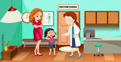 A little girl at a doctor's appointment with her disgruntled mother.